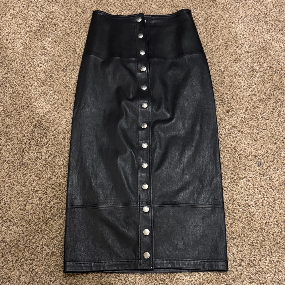 Celine Black Lambskin Leather Pencil Skirt with Silver Buttons